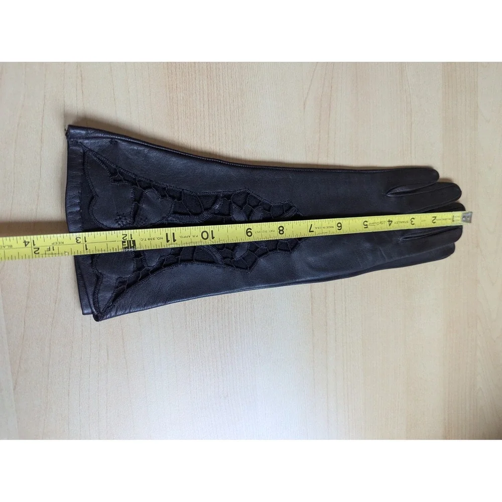 Vintage Black Leather Opera Length Gloves Floral Lace Cutout Unlined Evening